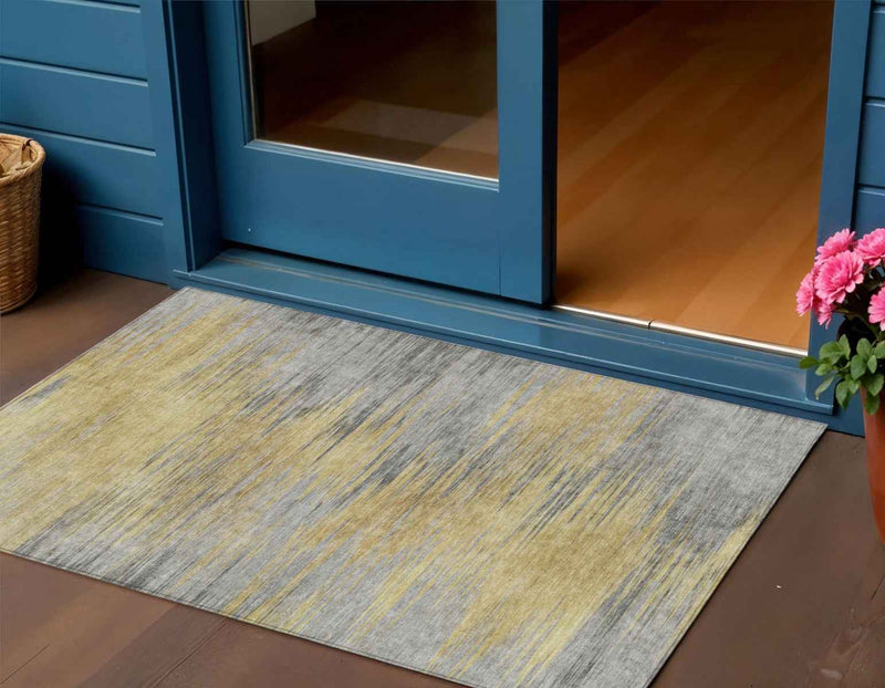 3' X 5' Gold Gray And Charcoal Abstract Washable Indoor Outdoor Area Rug