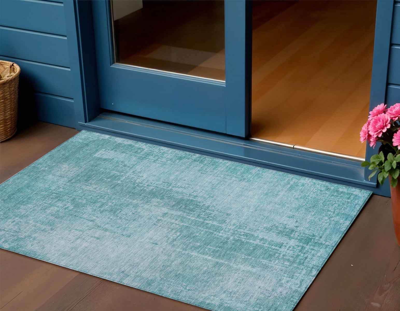 3' X 5' Aqua Teal Blue And Gray Abstract Washable Indoor Outdoor Area Rug