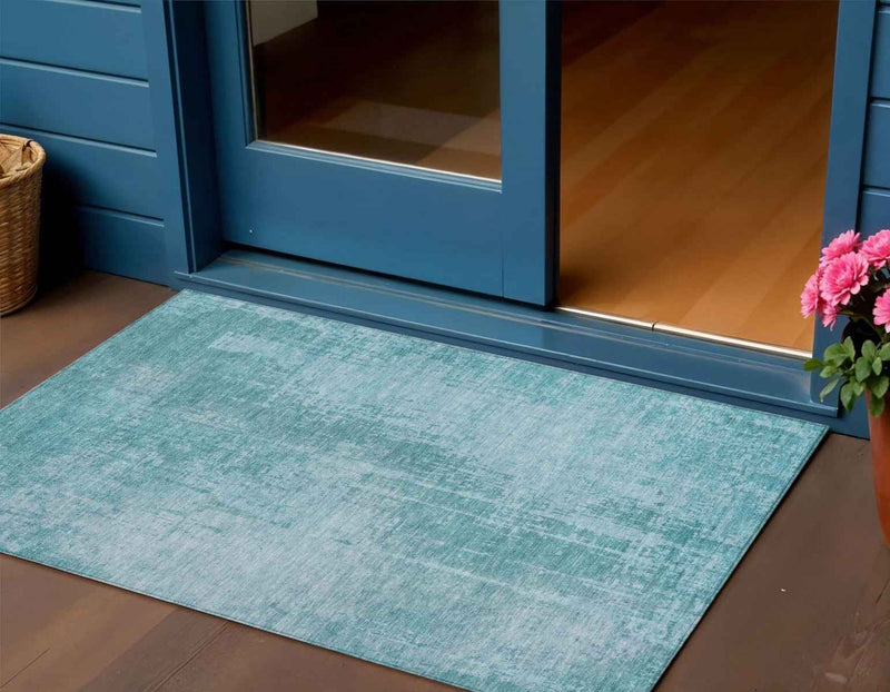 3' X 5' Aqua Teal Blue And Gray Abstract Washable Indoor Outdoor Area Rug