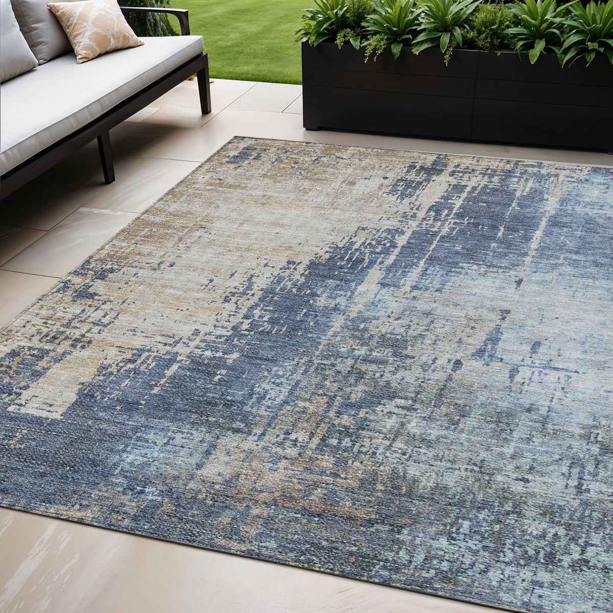 5' X 8' Navy Blue And Taupe Abstract Washable Indoor Outdoor Area Rug