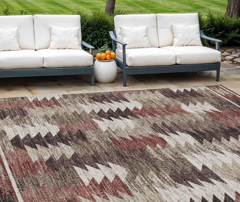9' X 12' Brown And Ivory Southwestern Washable Indoor Outdoor Area Rug
