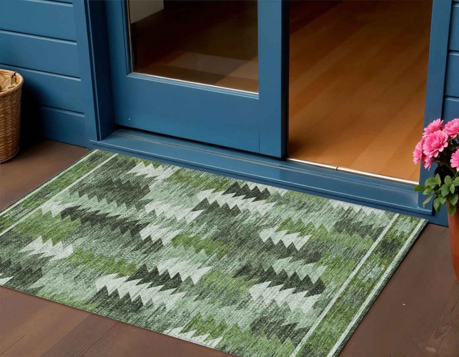 3' X 5' Olive Green And Fern Green Southwestern Washable Indoor Outdoor Area Rug
