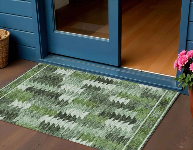 3' X 5' Olive Green And Fern Green Southwestern Washable Indoor Outdoor Area Rug