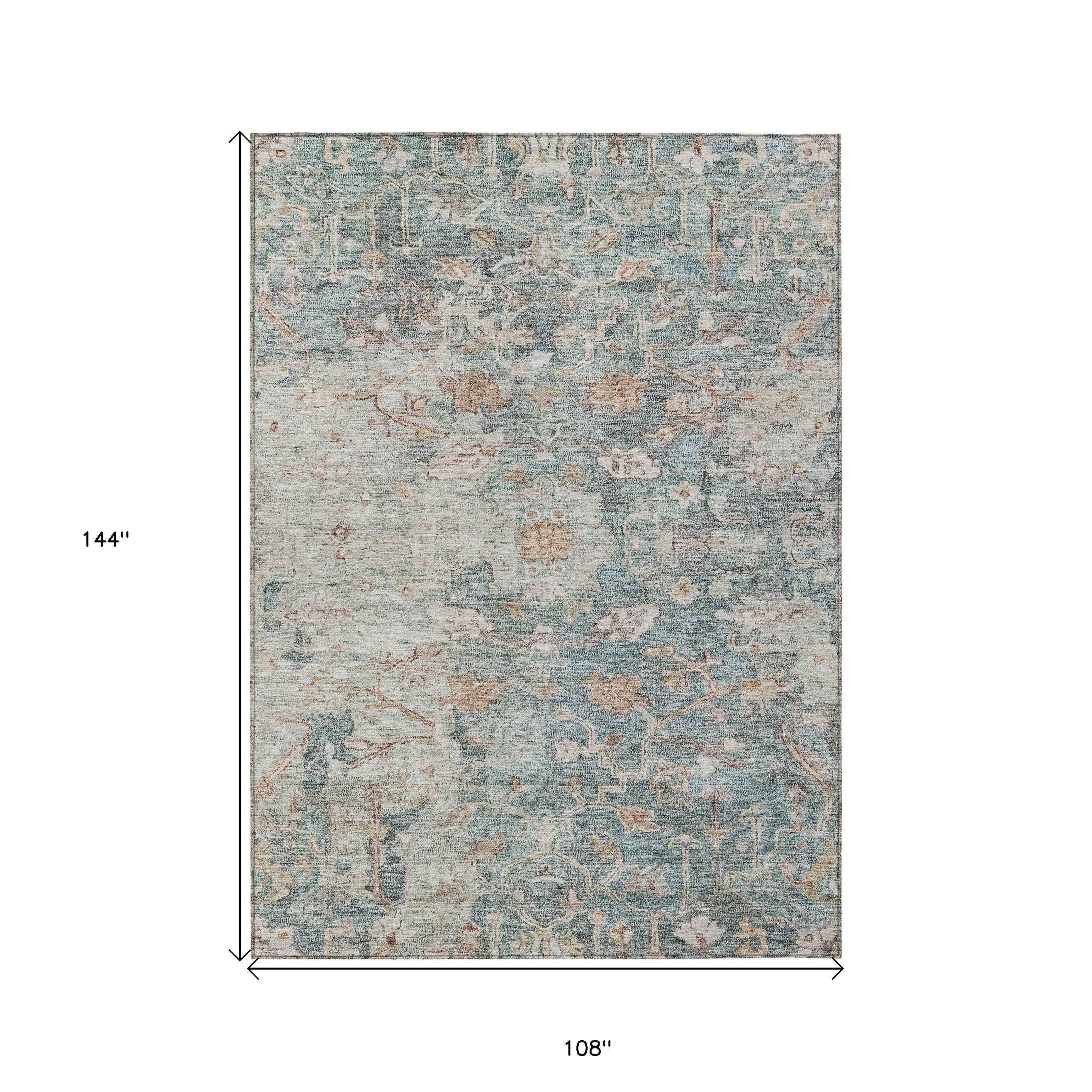 9' X 12' Green Blue And Gray Oriental Washable Indoor Outdoor Area Rug
