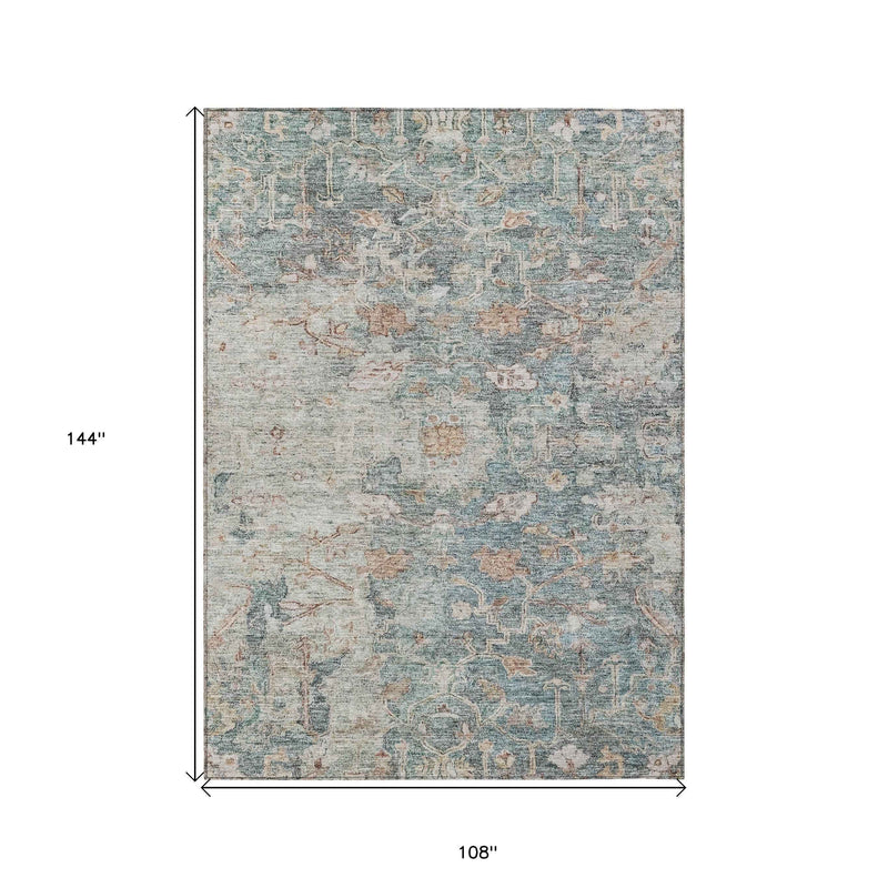 9' X 12' Green Blue And Gray Oriental Washable Indoor Outdoor Area Rug