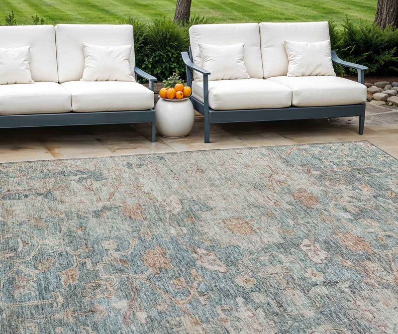 9' X 12' Green Blue And Gray Oriental Washable Indoor Outdoor Area Rug