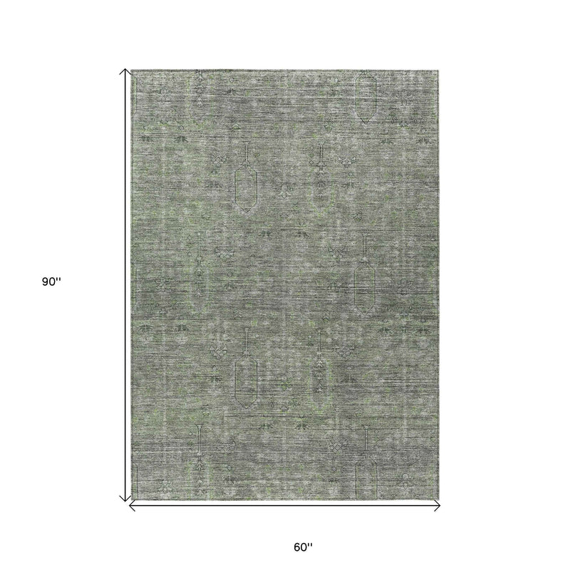 5' X 8' Fern Green And Gray Southwestern Washable Indoor Outdoor Area Rug