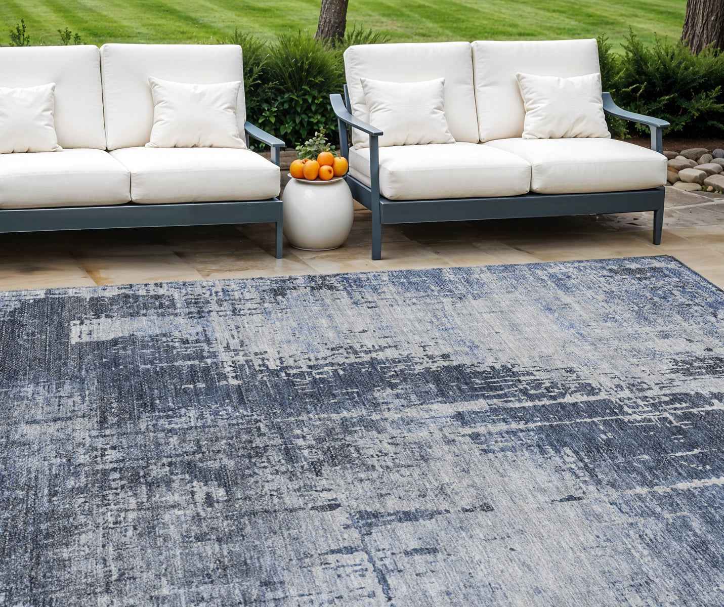 8' X 10' Navy Blue And Sky Blue Abstract Washable Indoor Outdoor Area Rug