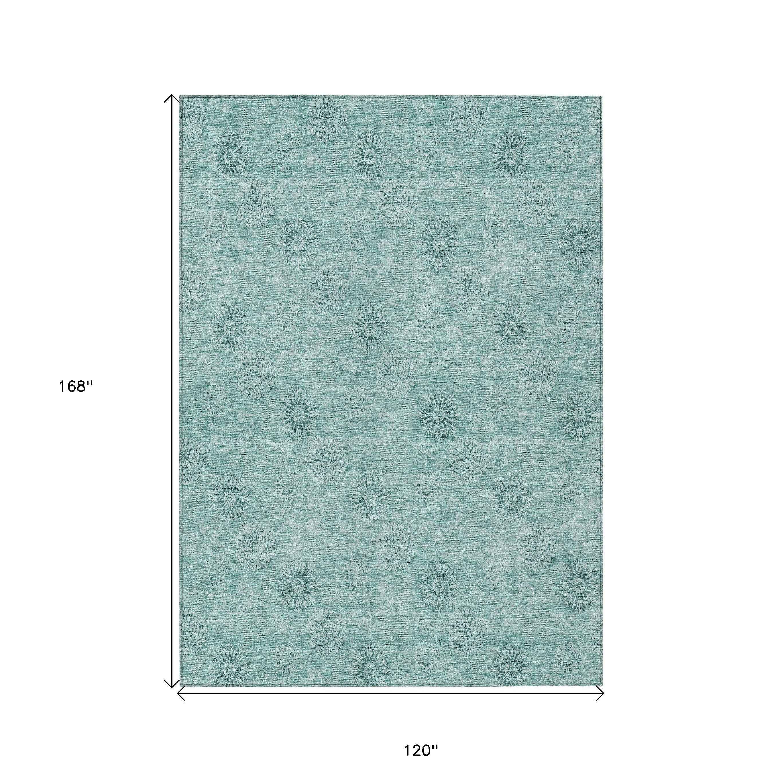 10' X 14' Teal Blue And Ivory Floral Washable Indoor Outdoor Area Rug