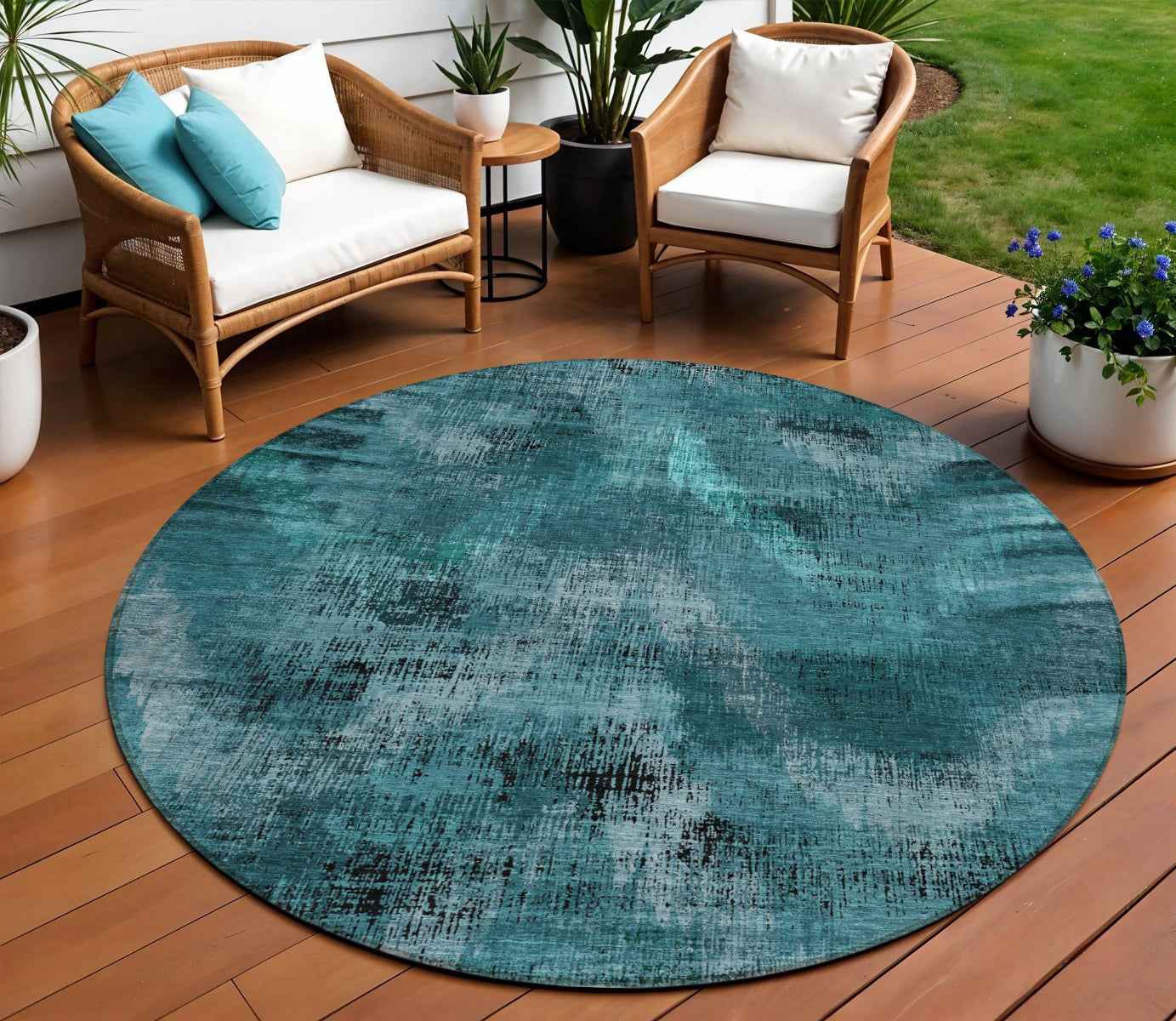 8' Teal Blue Aqua And Gray Round Abstract Washable Indoor Outdoor Area Rug