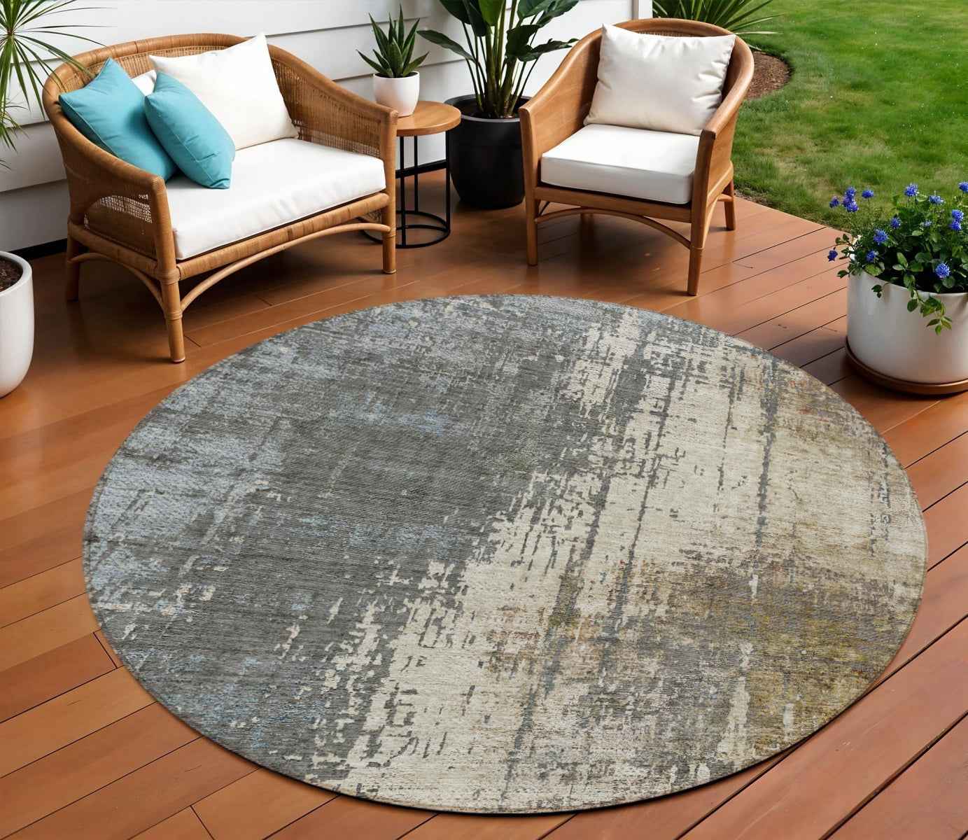 8' Beige Brown And Gray Round Abstract Washable Indoor Outdoor Area Rug