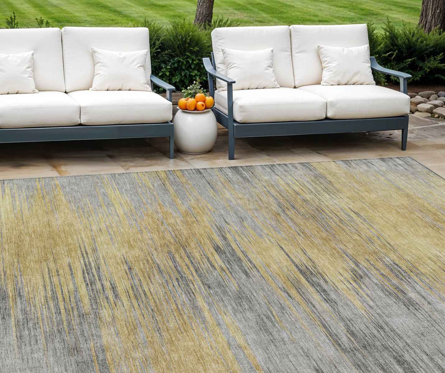 10' X 14' Gold Gray And Charcoal Abstract Washable Indoor Outdoor Area Rug
