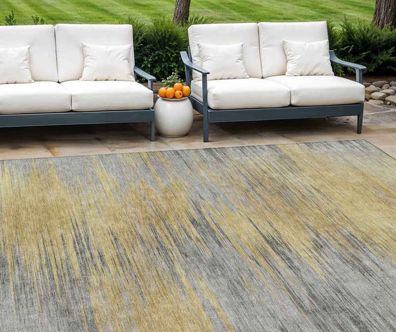 10' X 14' Gold Gray And Charcoal Abstract Washable Indoor Outdoor Area Rug