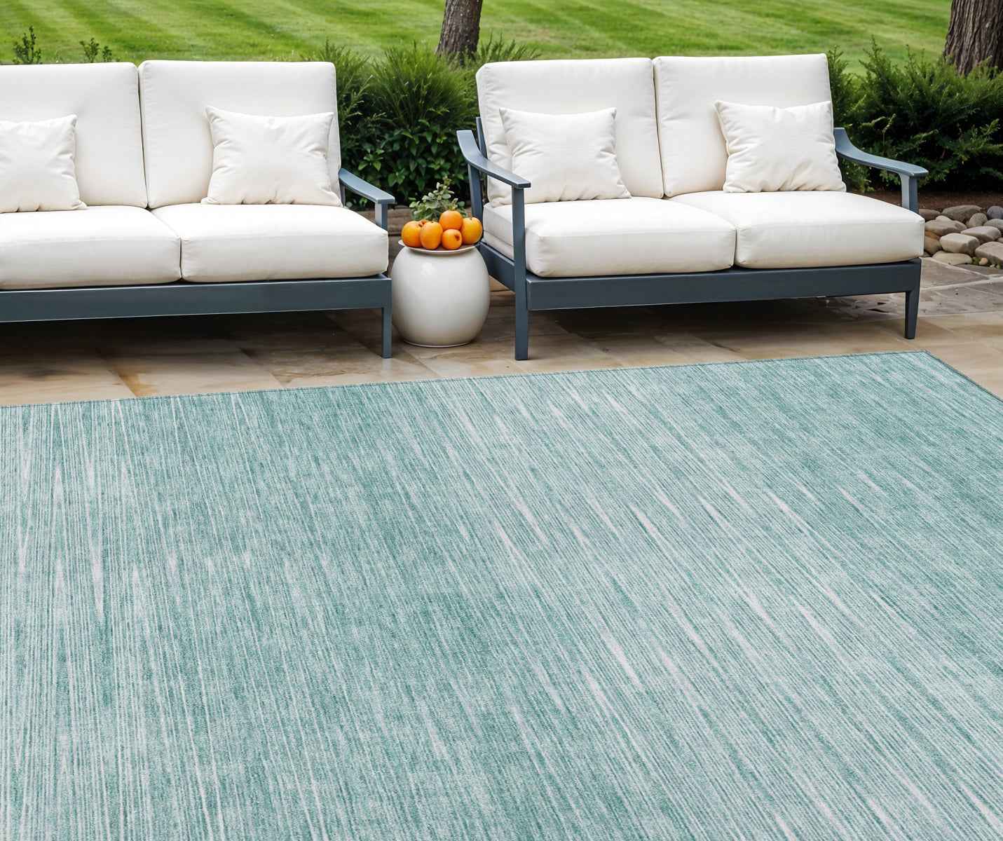 8' X 10' Aqua And Ivory Abstract Washable Indoor Outdoor Area Rug