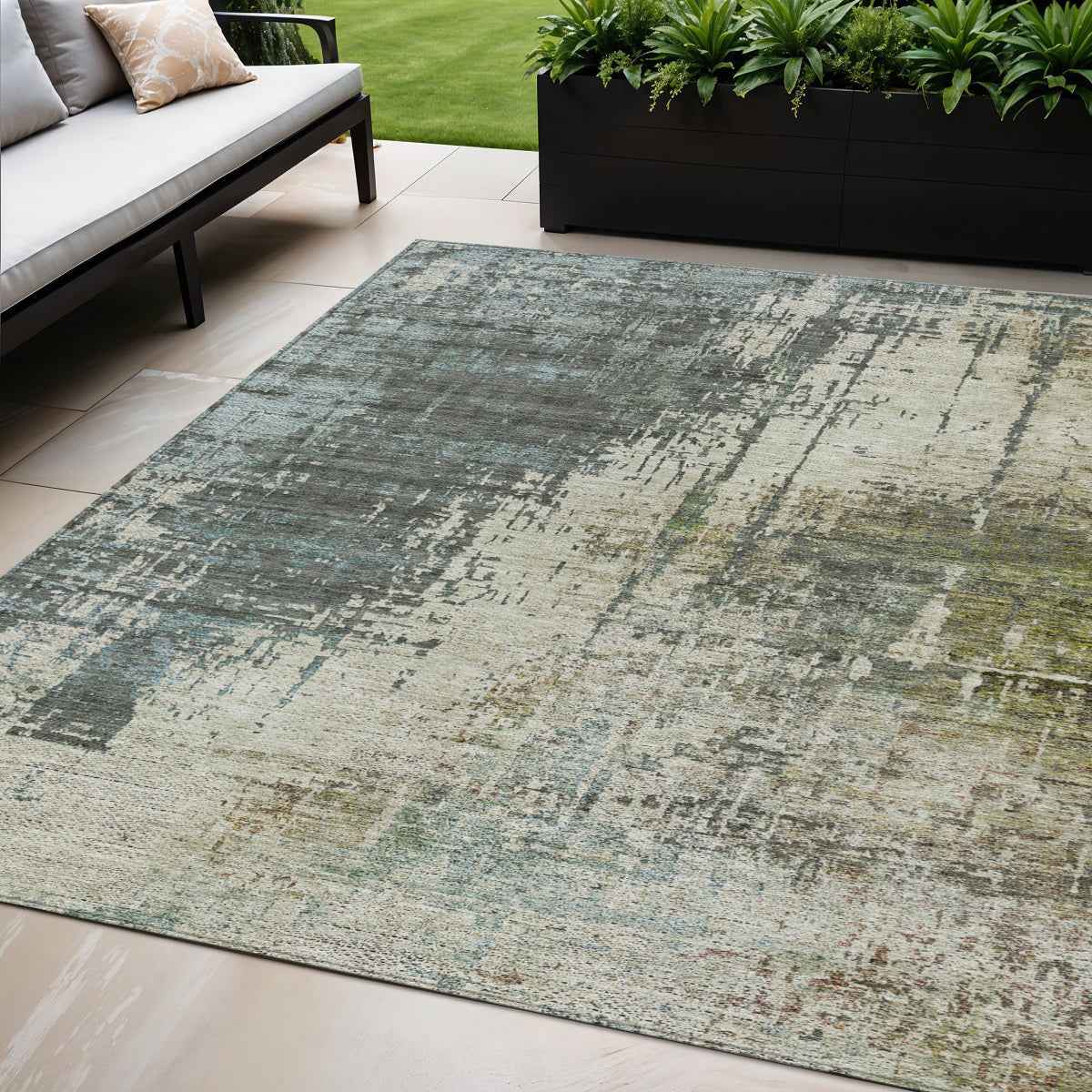 5' X 8' Sage Beige And Brown Abstract Washable Indoor Outdoor Area Rug