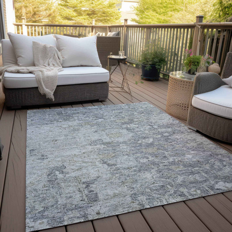 8' X 10' Gray Beige And Charcoal Oriental Washable Indoor Outdoor Area Rug