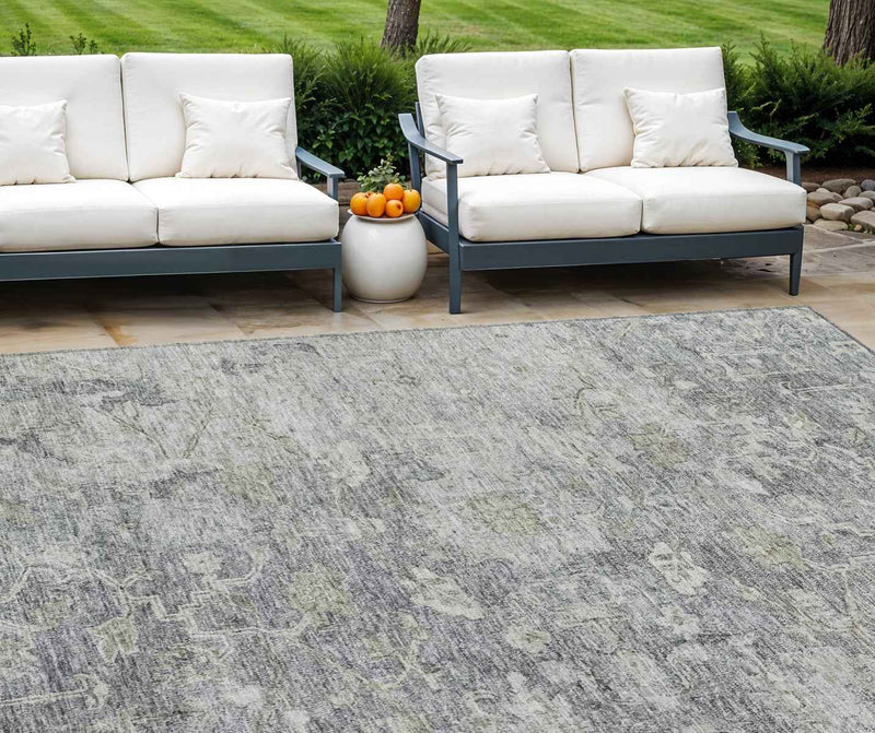 8' X 10' Gray Beige And Charcoal Oriental Washable Indoor Outdoor Area Rug