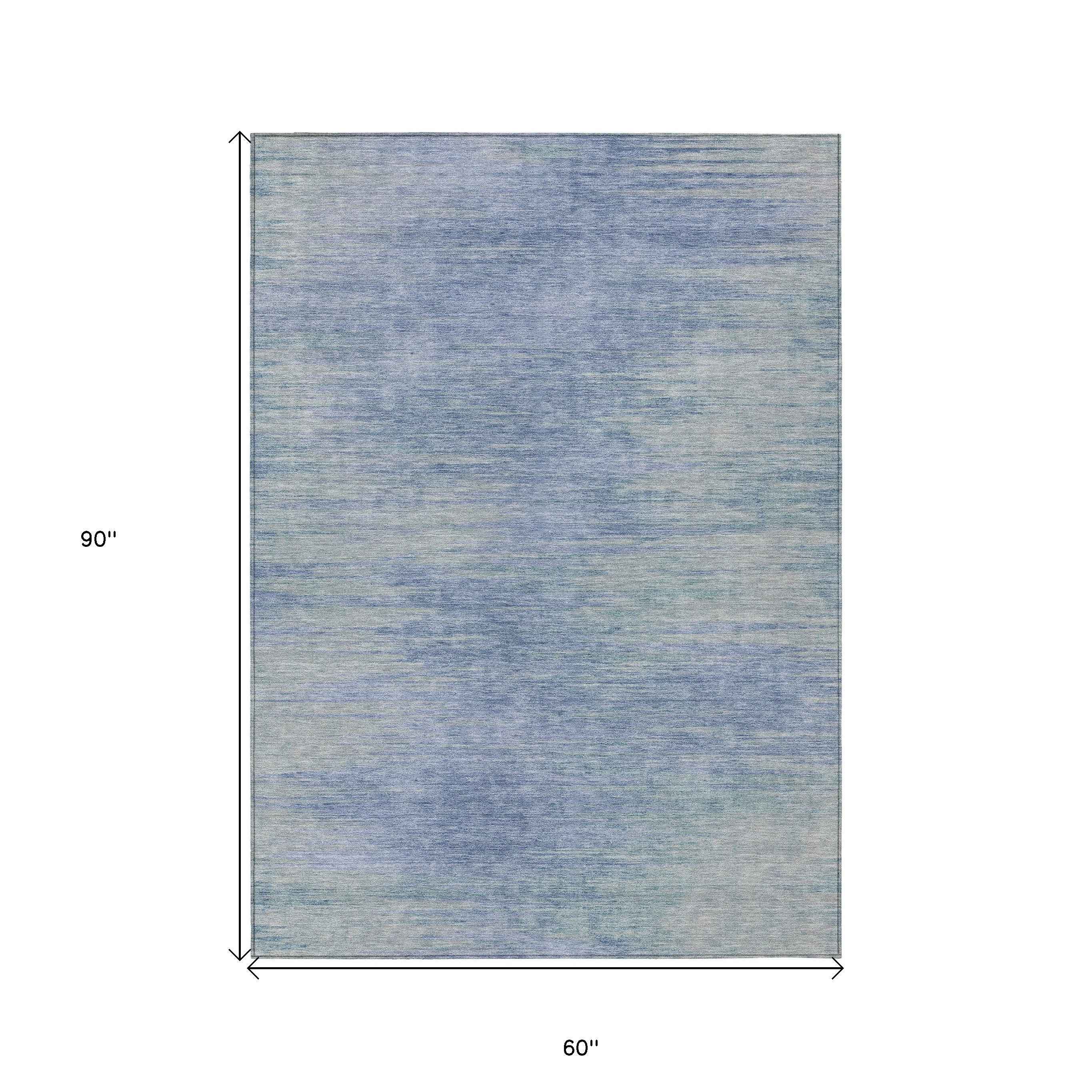 5' X 8' Denim Blue And Sky Blue Abstract Washable Indoor Outdoor Area Rug
