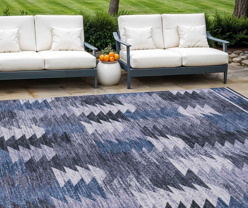10' X 14' Navy Blue And Sky Blue Southwestern Washable Indoor Outdoor Area Rug