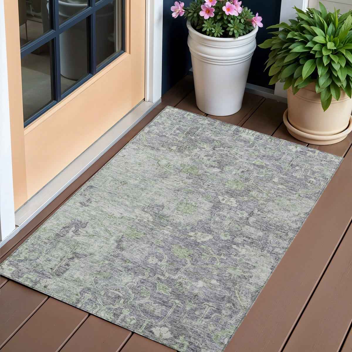 3' X 5' Plum Purple And Olive Green Oriental Washable Indoor Outdoor Area Rug