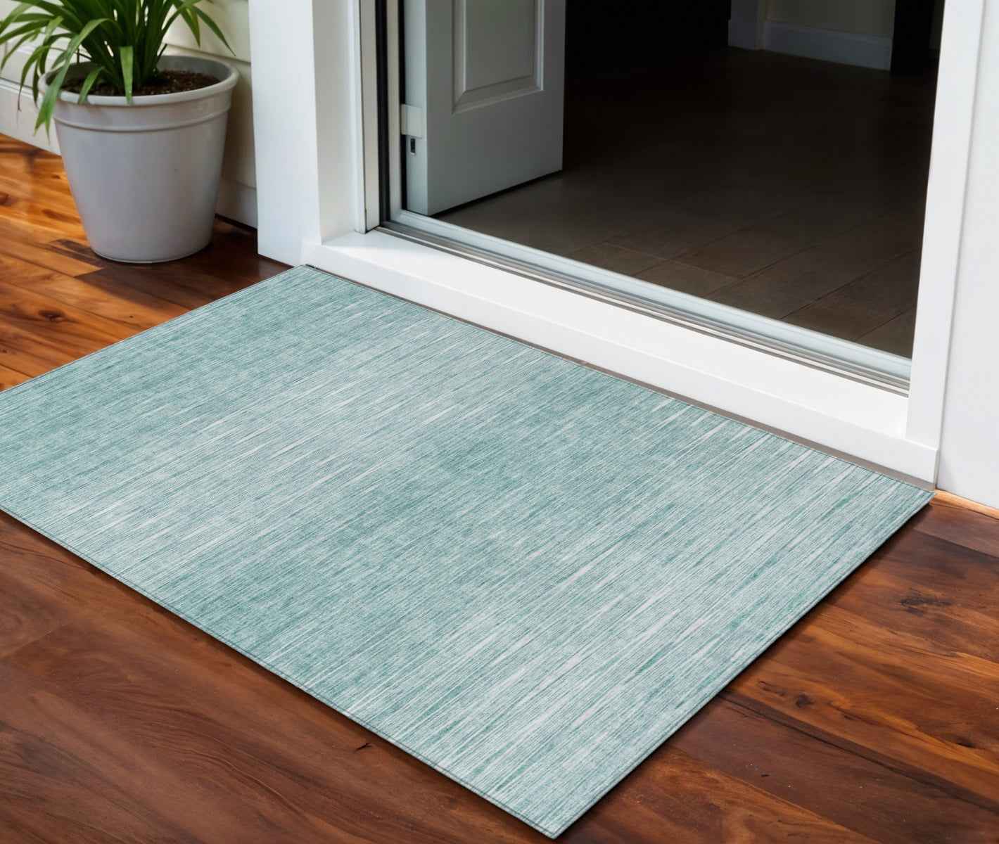 3' X 5' Aqua And Ivory Abstract Washable Indoor Outdoor Area Rug
