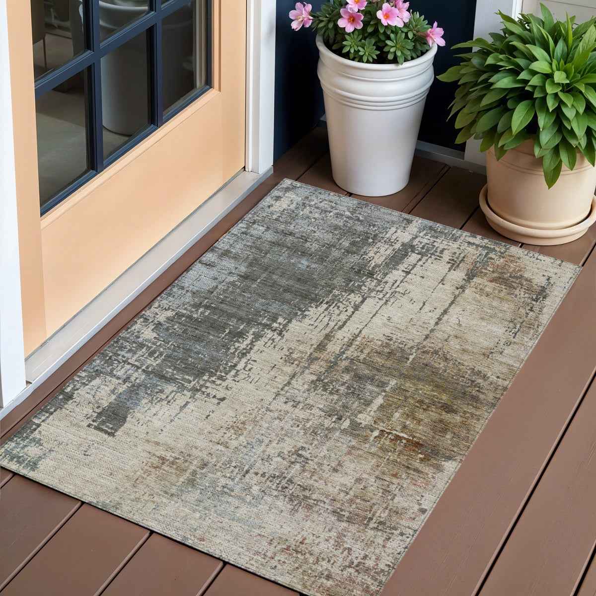 3' X 5' Beige Brown And Gray Abstract Washable Indoor Outdoor Area Rug