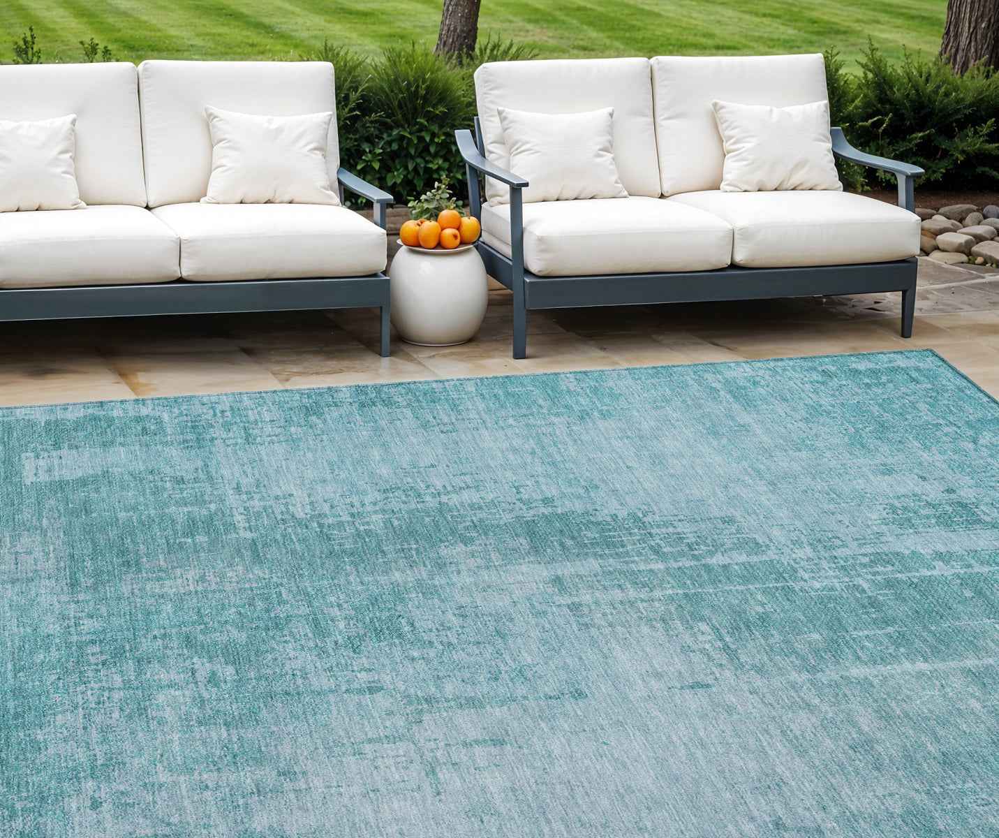 8' X 10' Aqua Teal Blue And Gray Abstract Washable Indoor Outdoor Area Rug