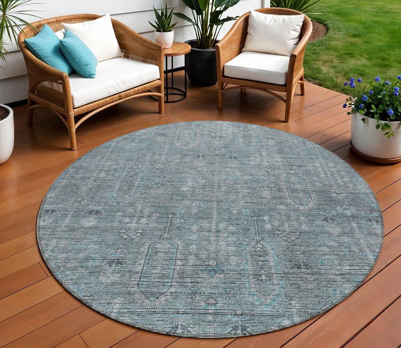 8' Teal Blue And Gray Round Southwestern Washable Indoor Outdoor Area Rug