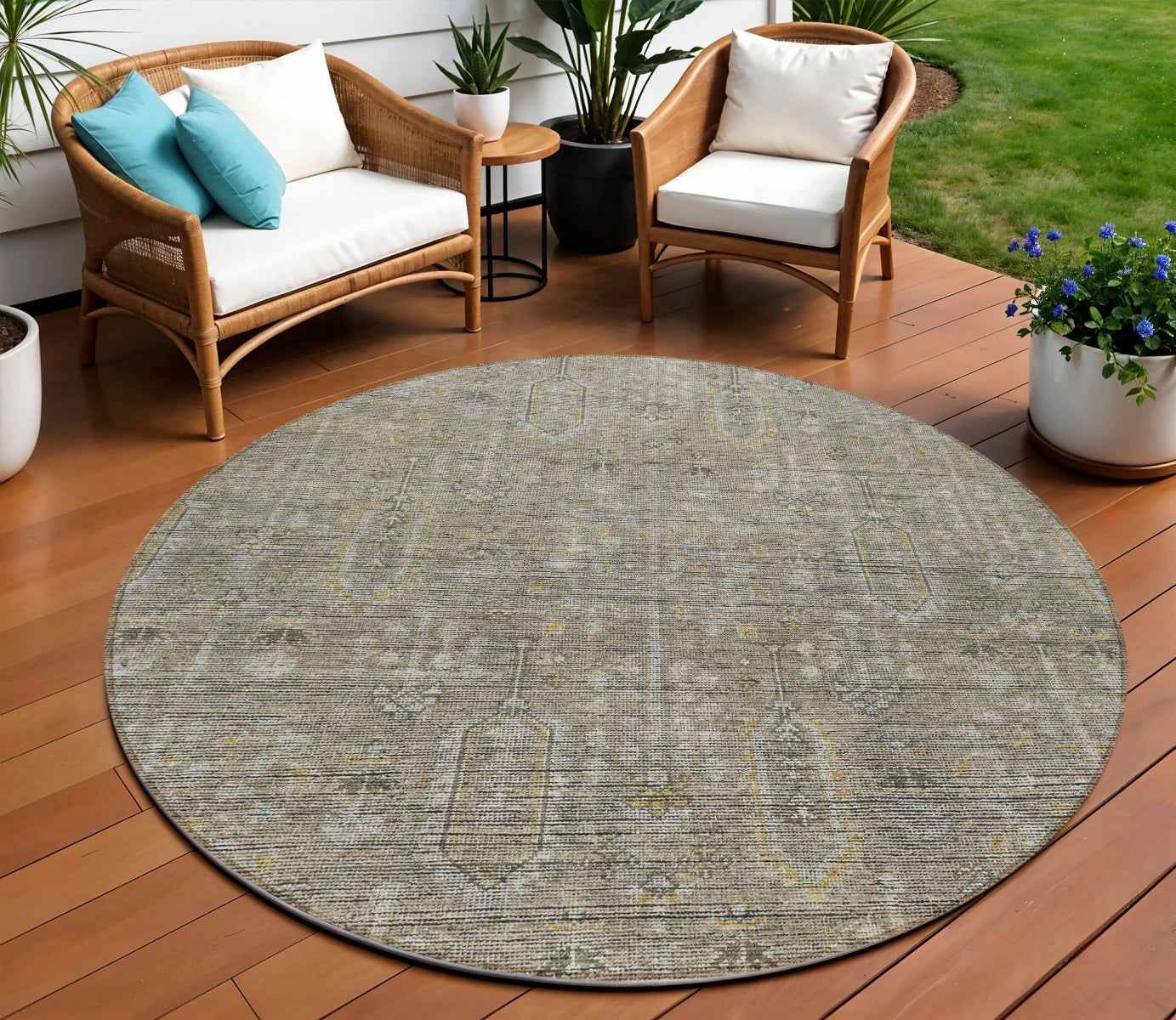 8' Taupe Gray And Beige Round Southwestern Washable Indoor Outdoor Area Rug