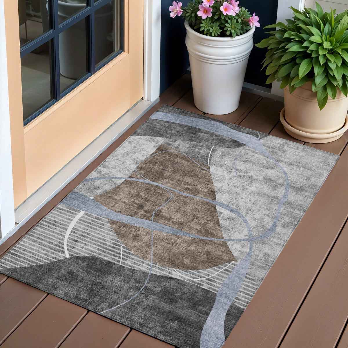 3' X 5' Chocolate Gray And Charcoal Abstract Washable Indoor Outdoor Area Rug