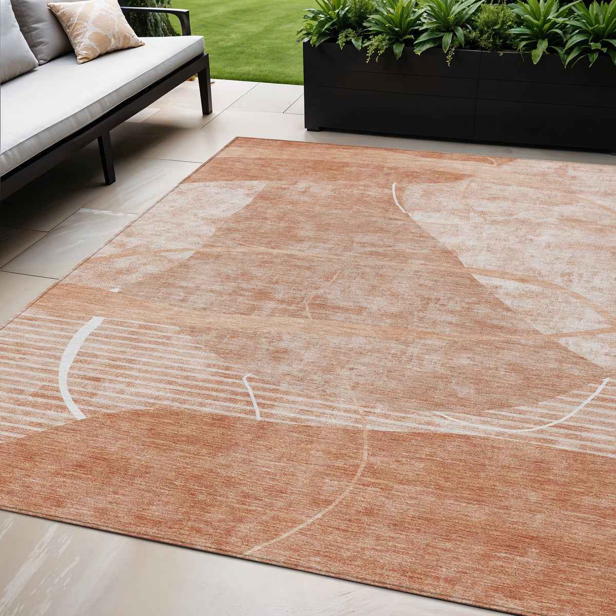 5' X 8' Salmon Copper And Ivory Abstract Washable Indoor Outdoor Area Rug
