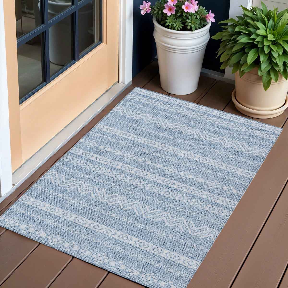 3' X 5' Blue And Denim Blue Southwestern Washable Indoor Outdoor Area Rug