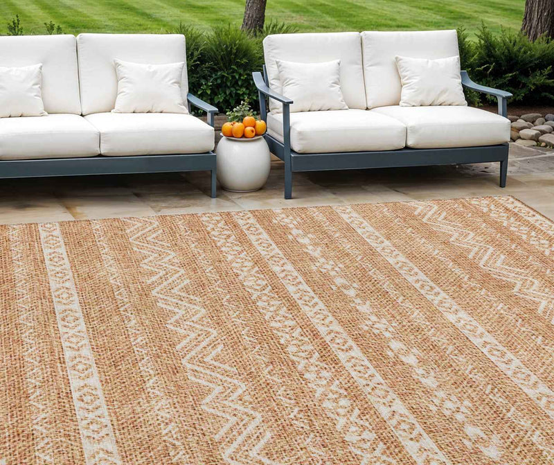 9' X 12' Terra Cotta And Beige Southwestern Washable Indoor Outdoor Area Rug
