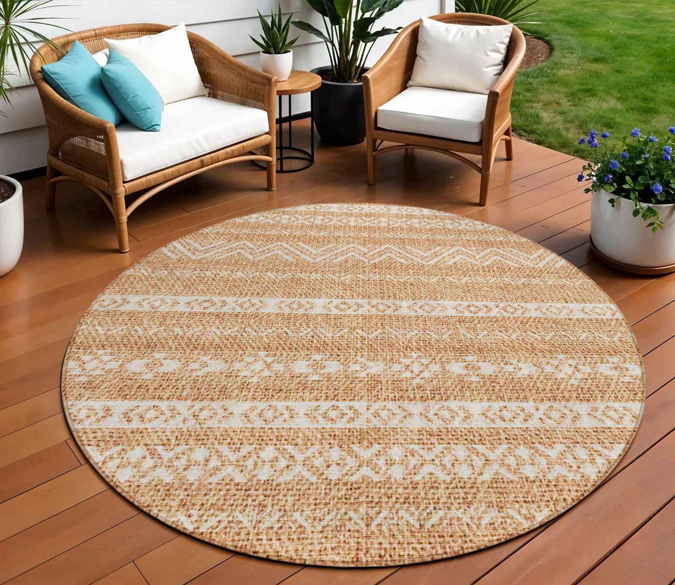 8' Terra Cotta And Beige Round Southwestern Washable Indoor Outdoor Area Rug