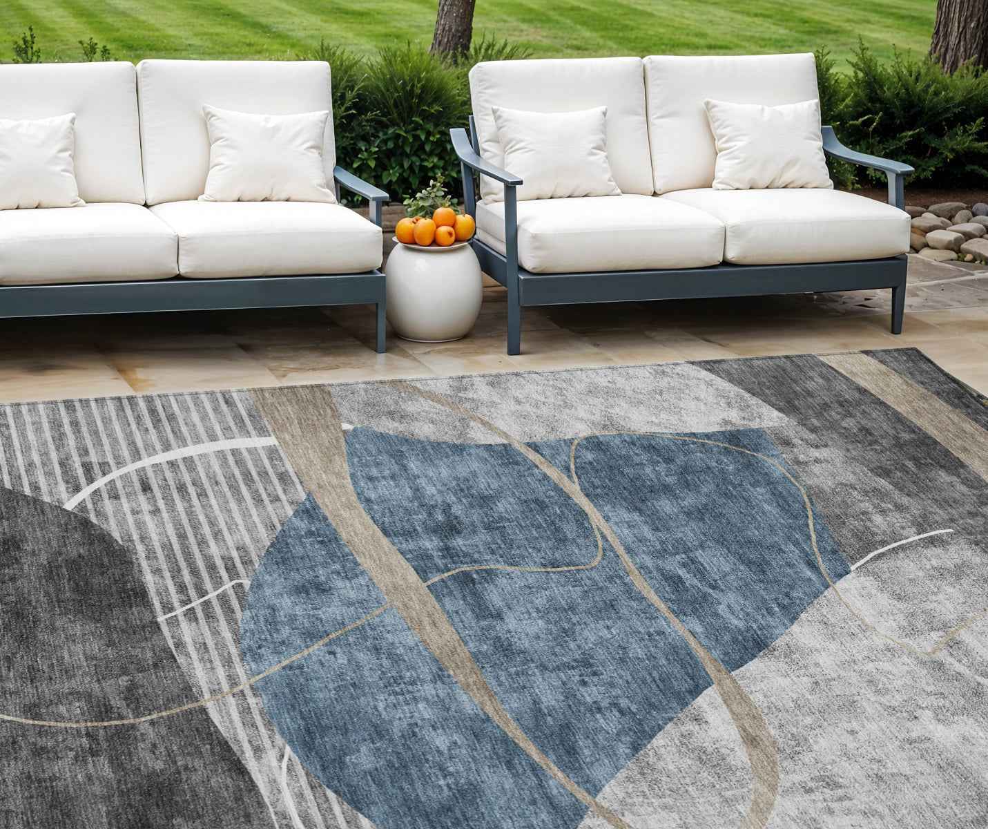 9' X 12' Blue Gray And Charcoal Abstract Washable Indoor Outdoor Area Rug