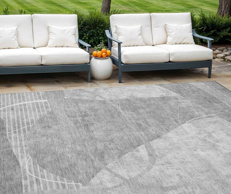 10' X 14' Gray Silver And Ivory Abstract Washable Indoor Outdoor Area Rug