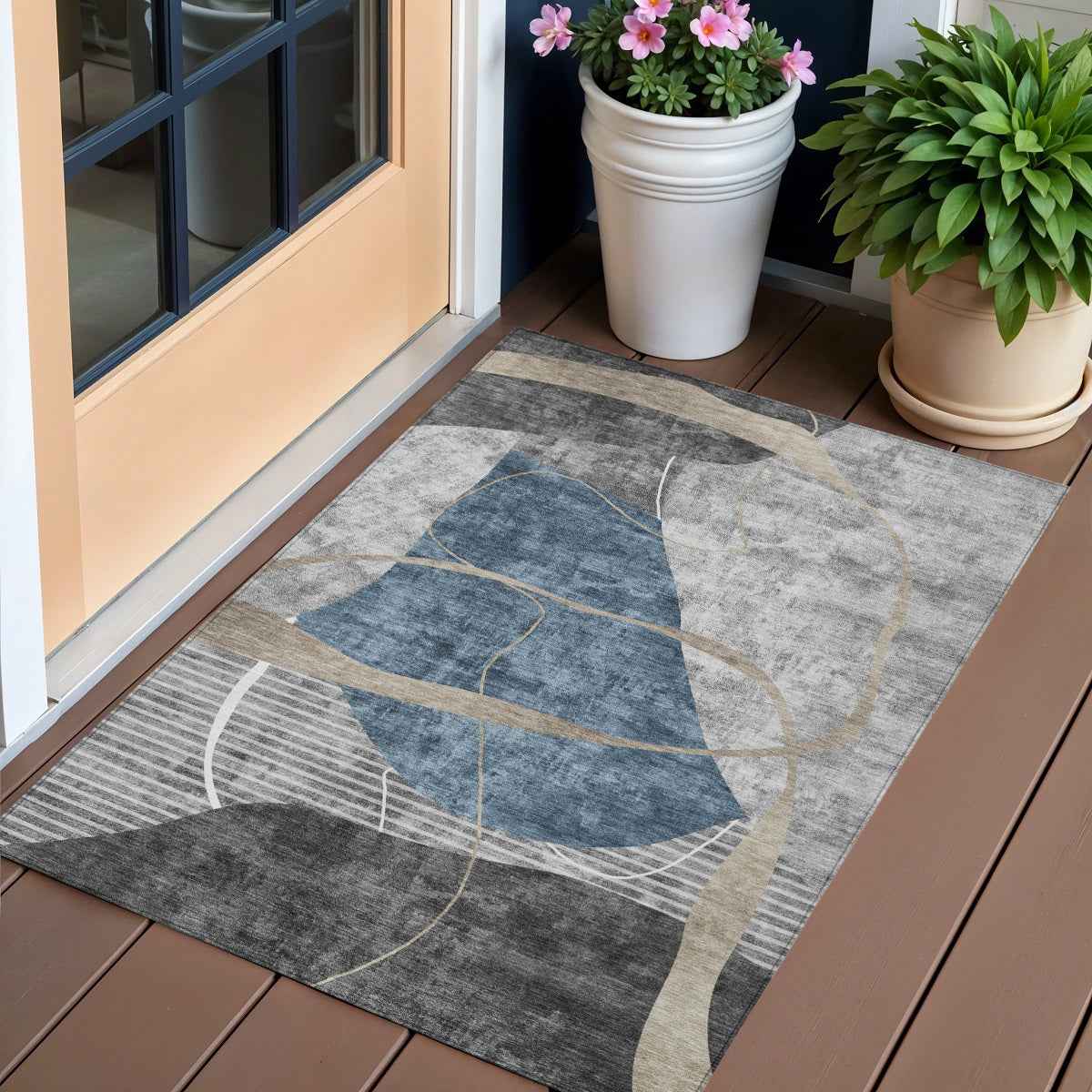 3' X 5' Blue Gray And Charcoal Abstract Washable Indoor Outdoor Area Rug