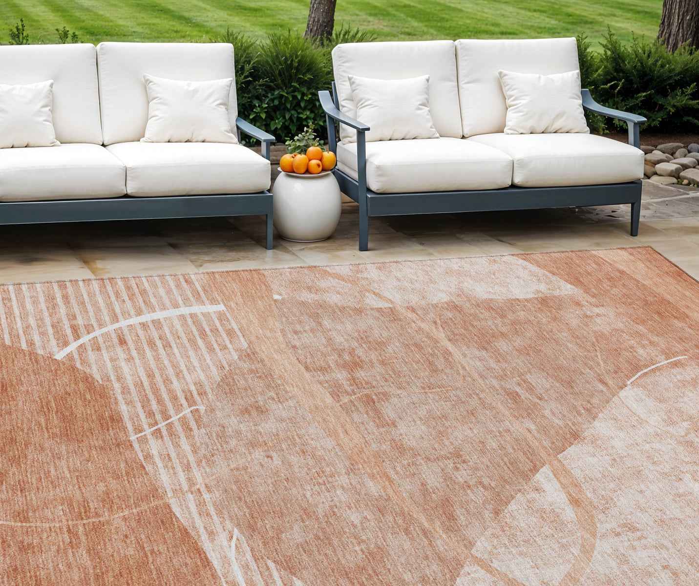 9' X 12' Salmon Copper And Ivory Abstract Washable Indoor Outdoor Area Rug