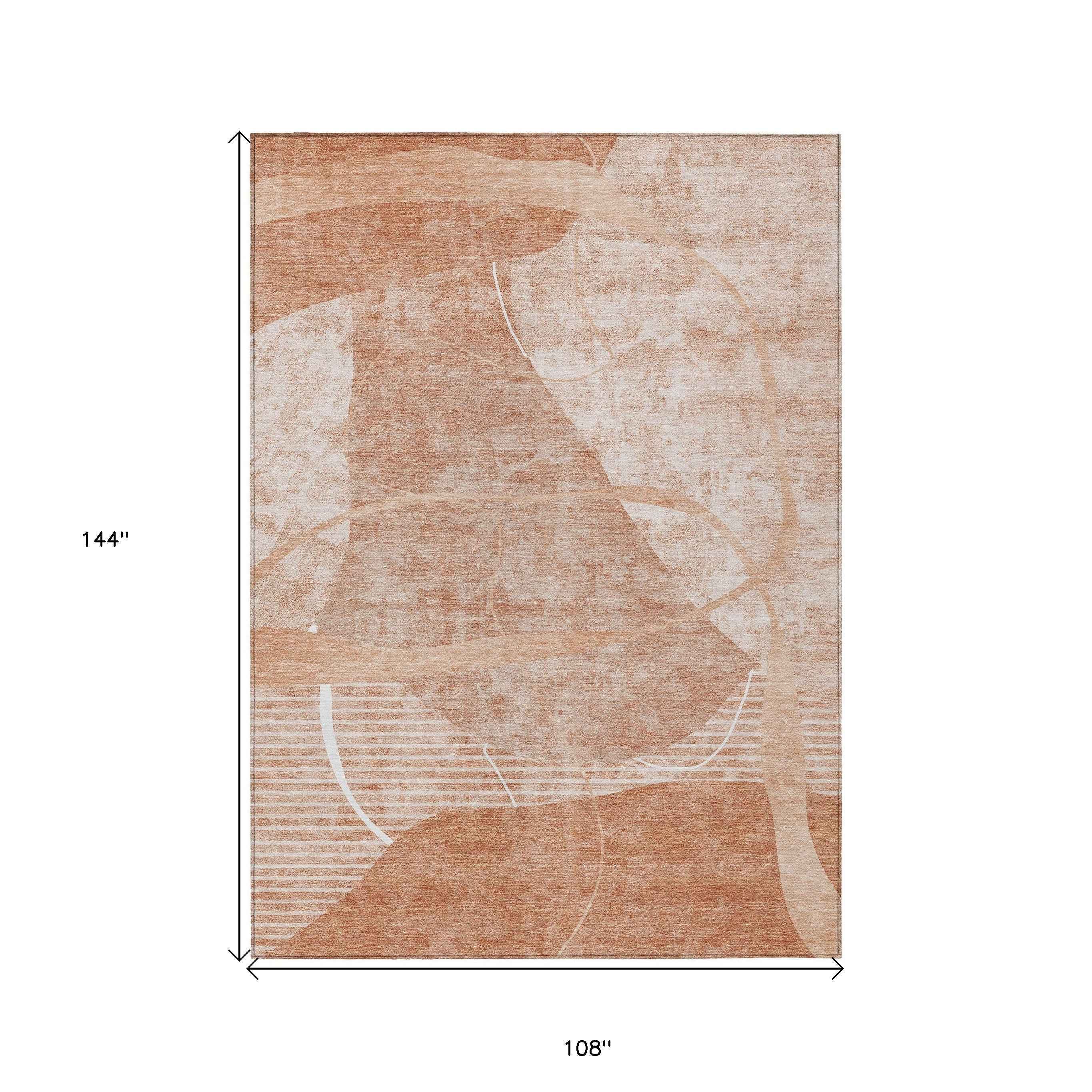 9' X 12' Salmon Copper And Ivory Abstract Washable Indoor Outdoor Area Rug