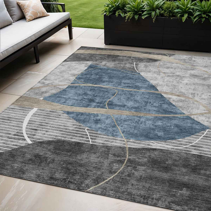 5' X 8' Blue Gray And Charcoal Abstract Washable Indoor Outdoor Area Rug