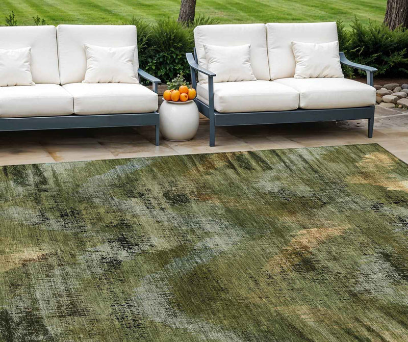 10' X 14' Olive Green And Gold Abstract Washable Indoor Outdoor Area Rug