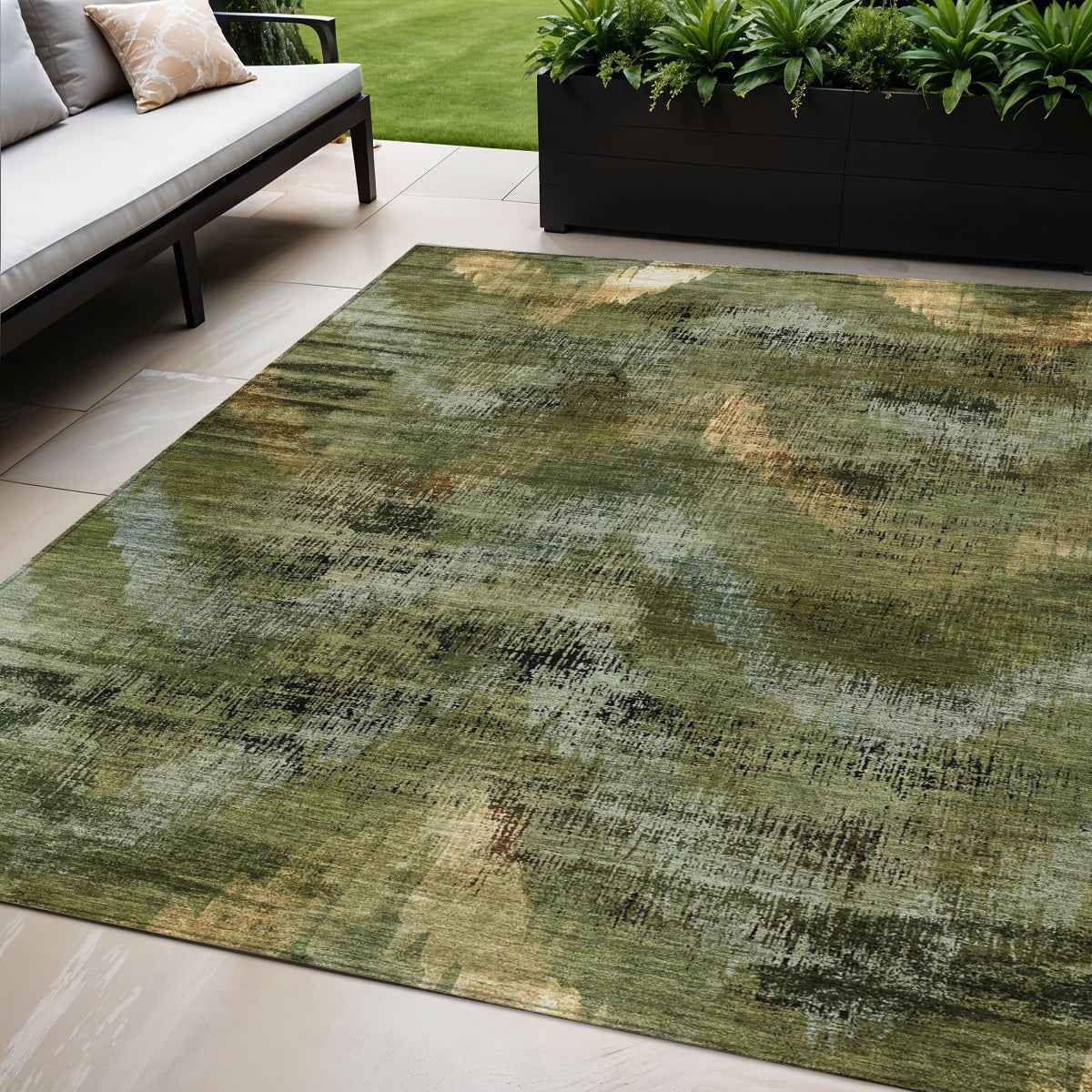 5' X 8' Olive Green And Gold Abstract Washable Indoor Outdoor Area Rug