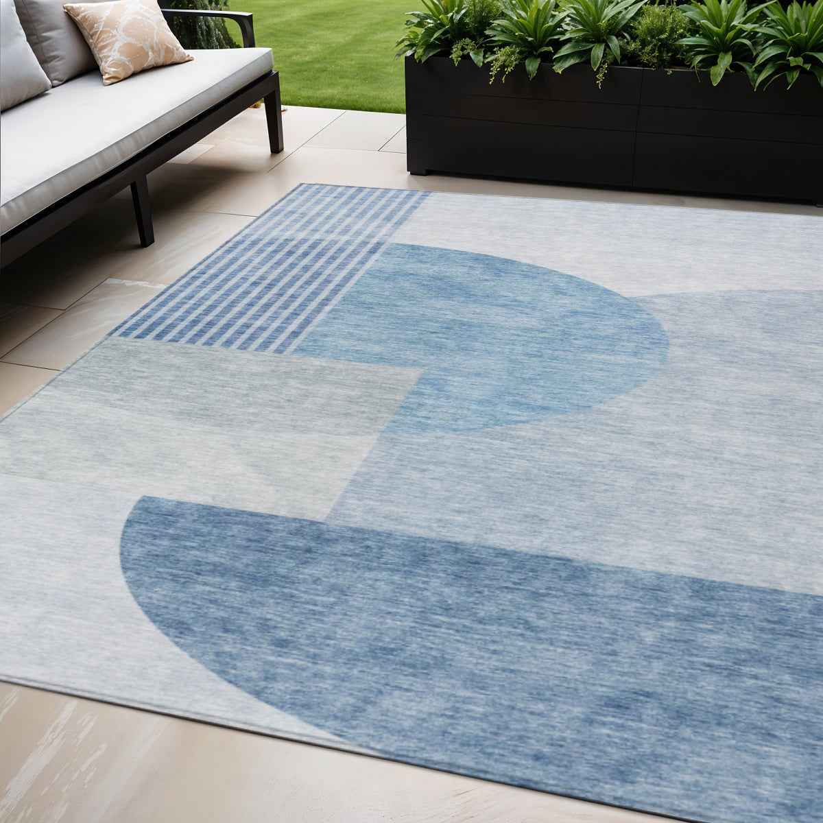 5' X 8' Navy Blue And Sky Blue Geometric Washable Indoor Outdoor Area Rug