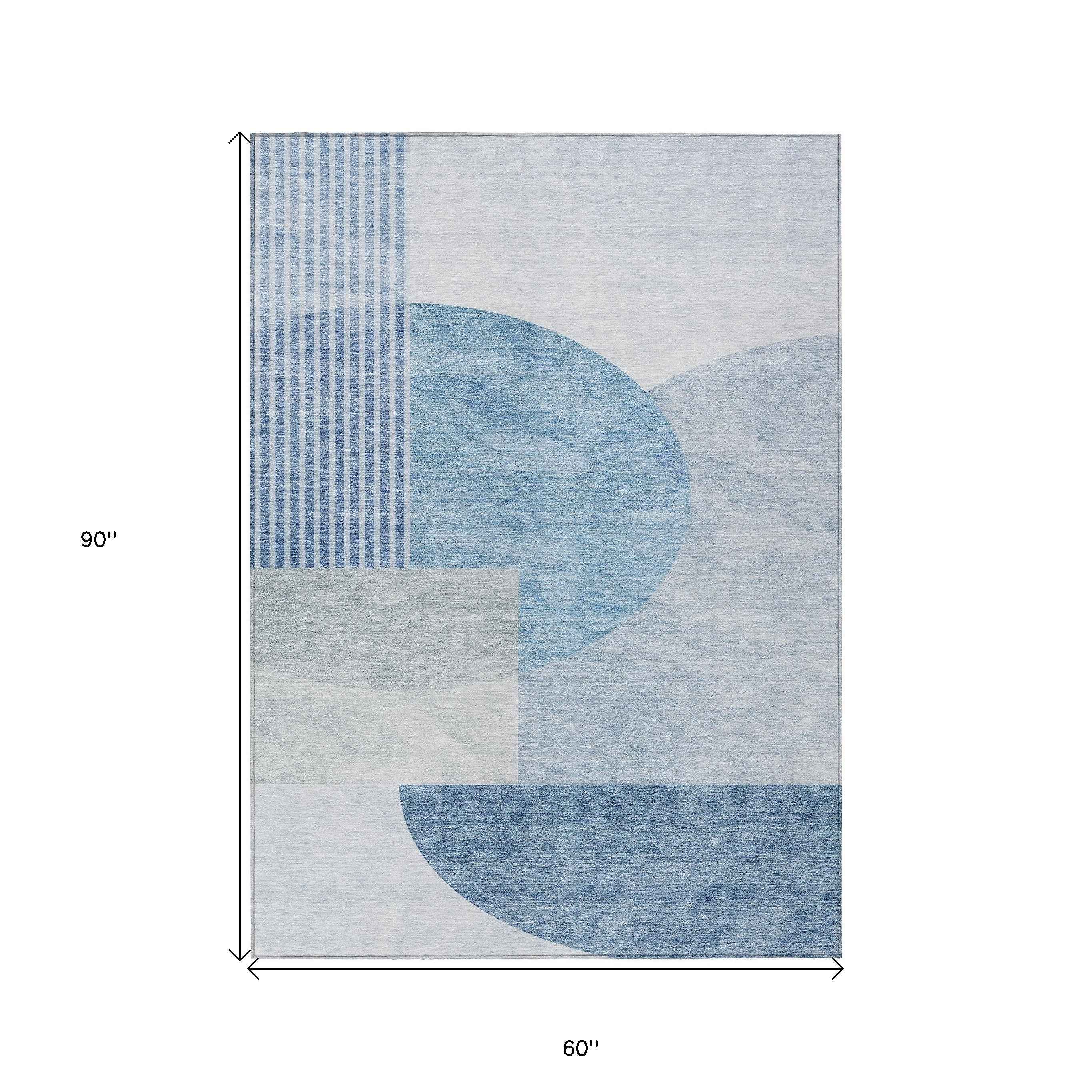 5' X 8' Navy Blue And Sky Blue Geometric Washable Indoor Outdoor Area Rug