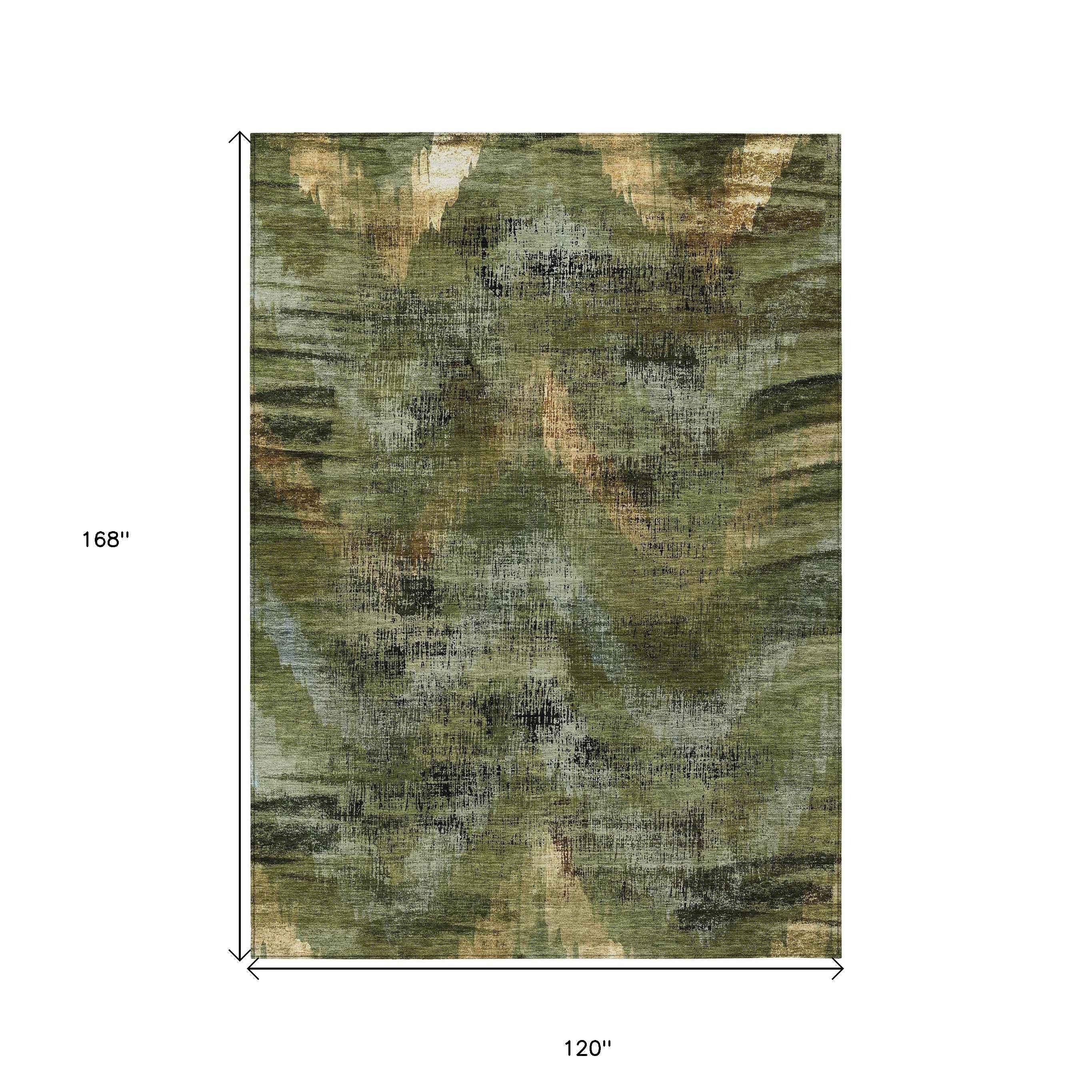 10' X 14' Olive Green And Gold Abstract Washable Indoor Outdoor Area Rug
