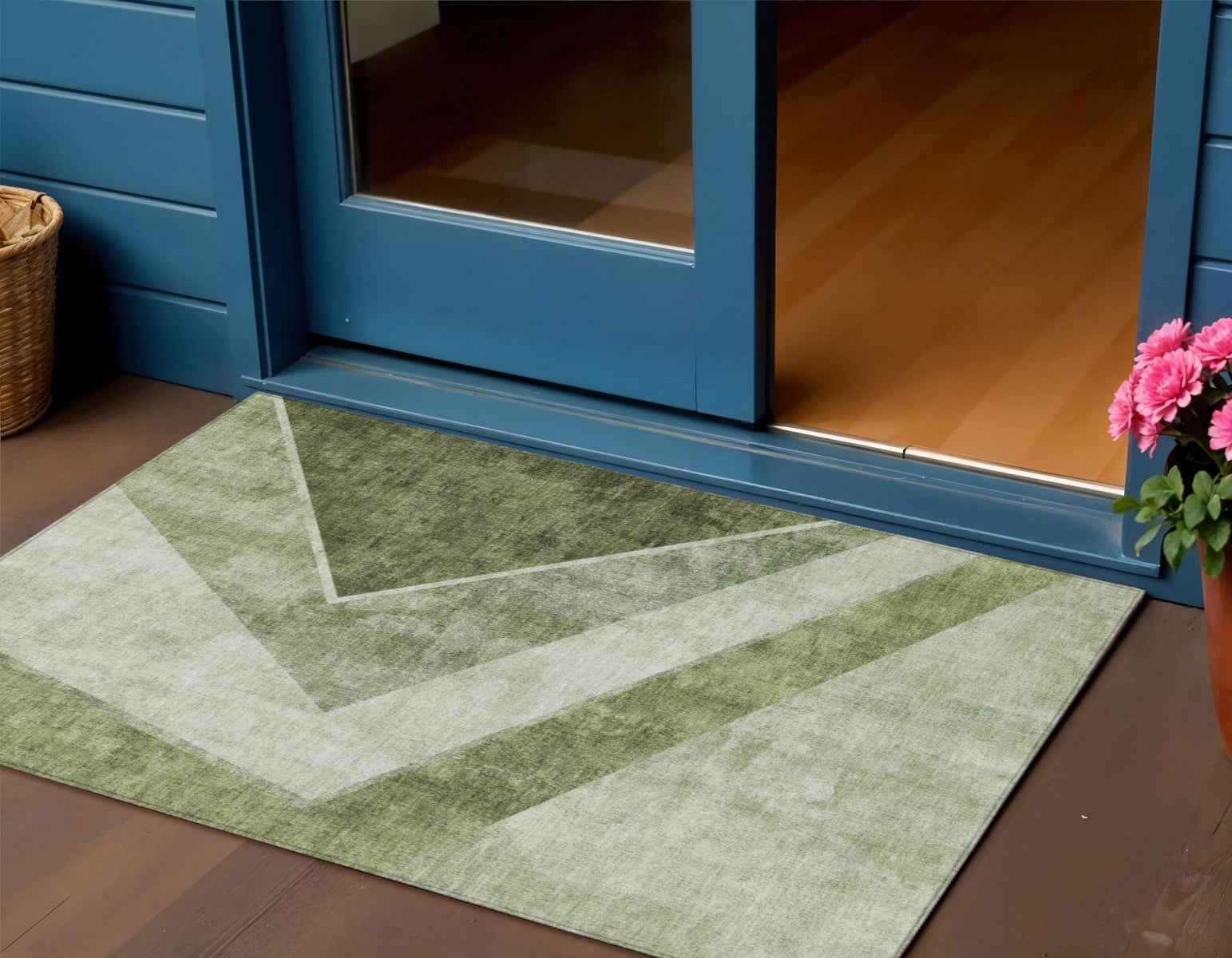 3' X 5' Olive Green And Artichoke Green Geometric Washable Indoor Outdoor Area Rug