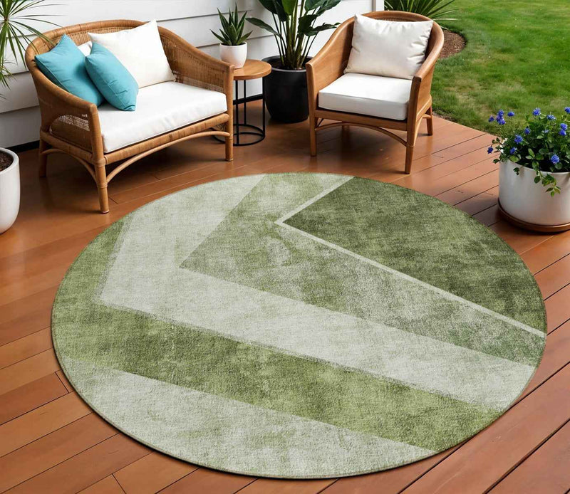 8' Olive Green And Artichoke Green Round Geometric Washable Indoor Outdoor Area Rug