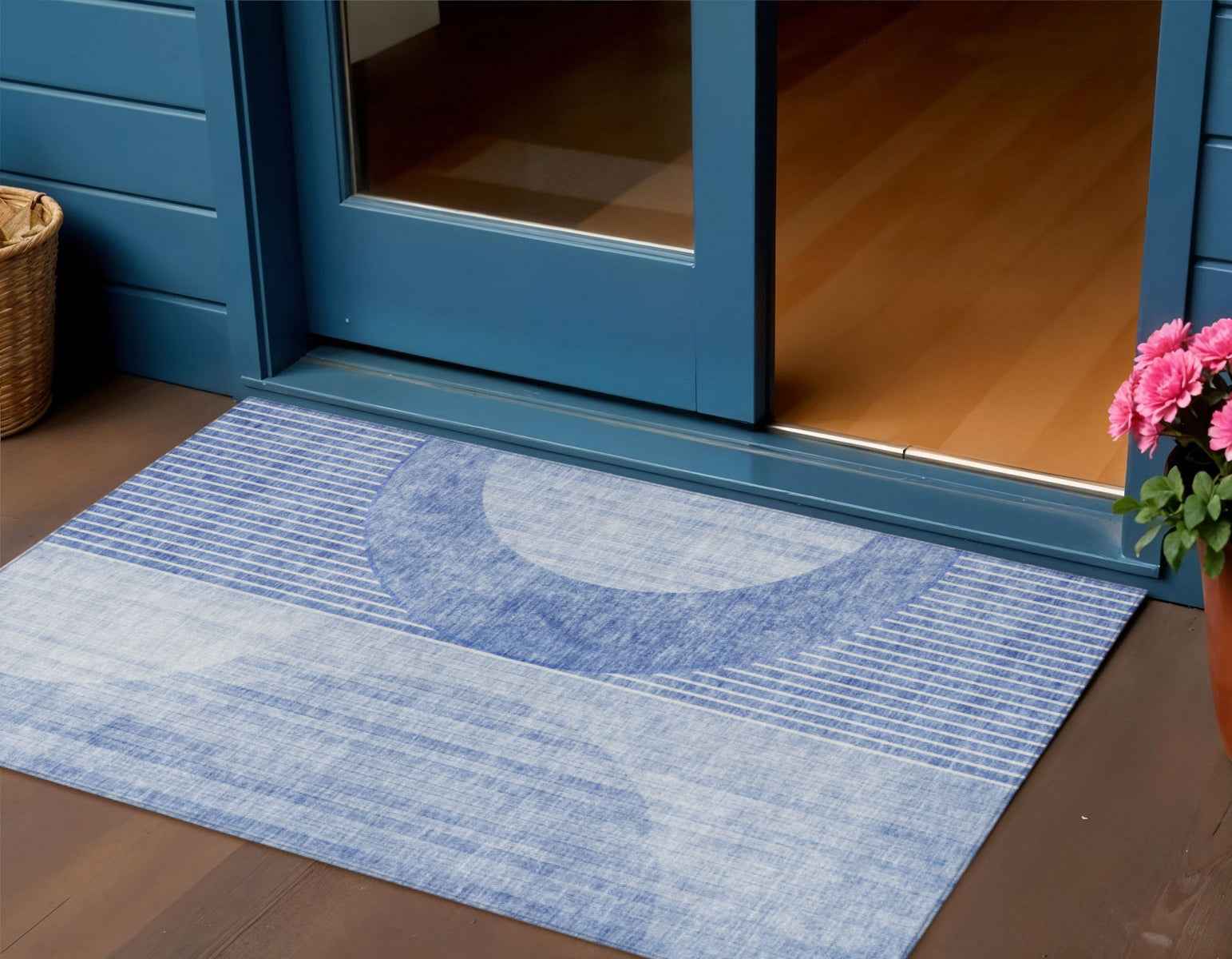 3' X 5' Denim Blue And Sky Blue Geometric Washable Indoor Outdoor Area Rug