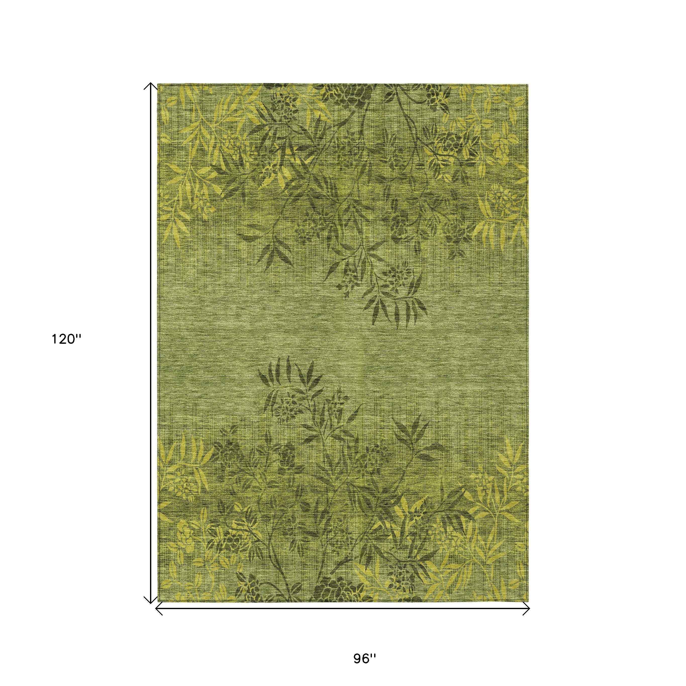 8' X 10' Olive Green And Fern Green Floral Washable Indoor Outdoor Area Rug