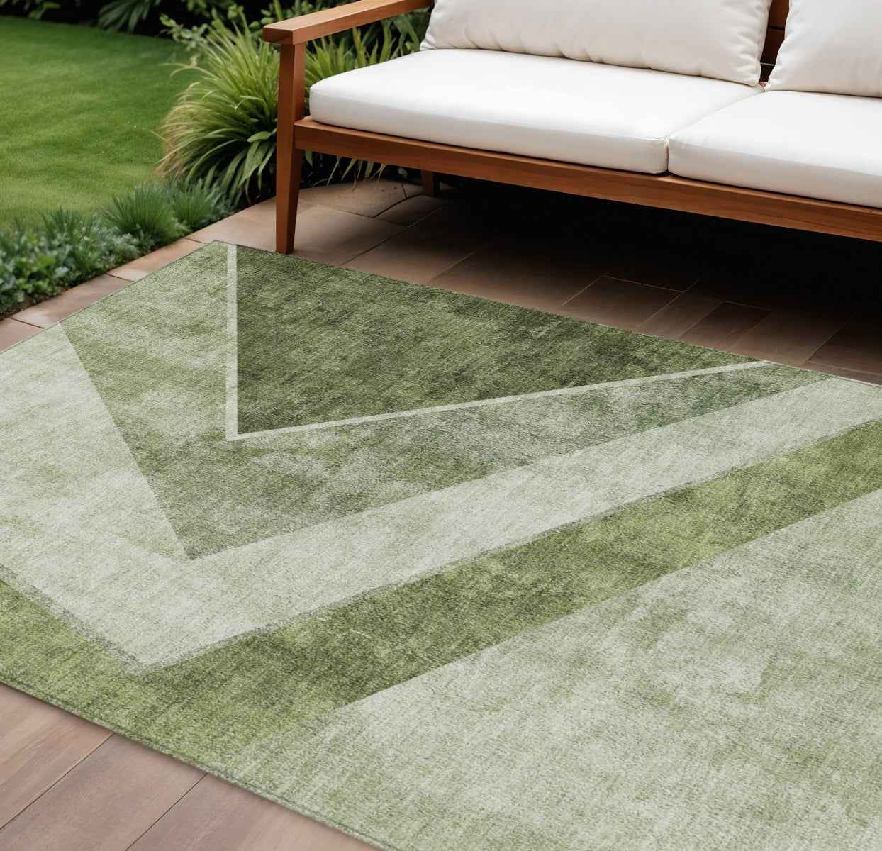 8' X 10' Olive Green And Artichoke Green Geometric Washable Indoor Outdoor Area Rug